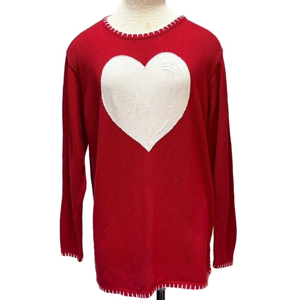 Quaker Factory sz L red sweater with white hearts